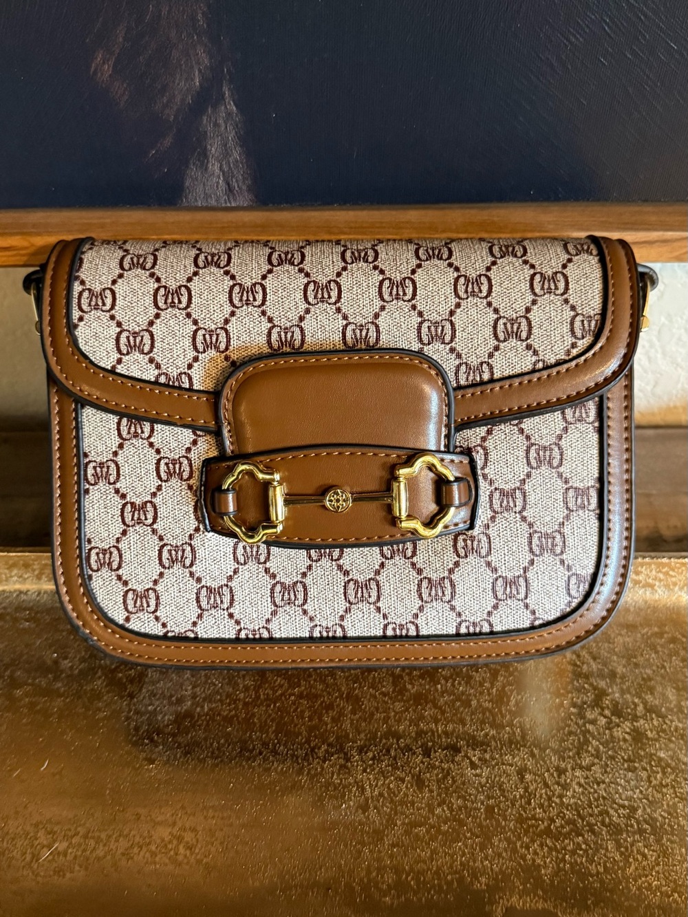 Two tone colorway Brown/Taupe Print Crossbody Bag with Gold Hardware and strap